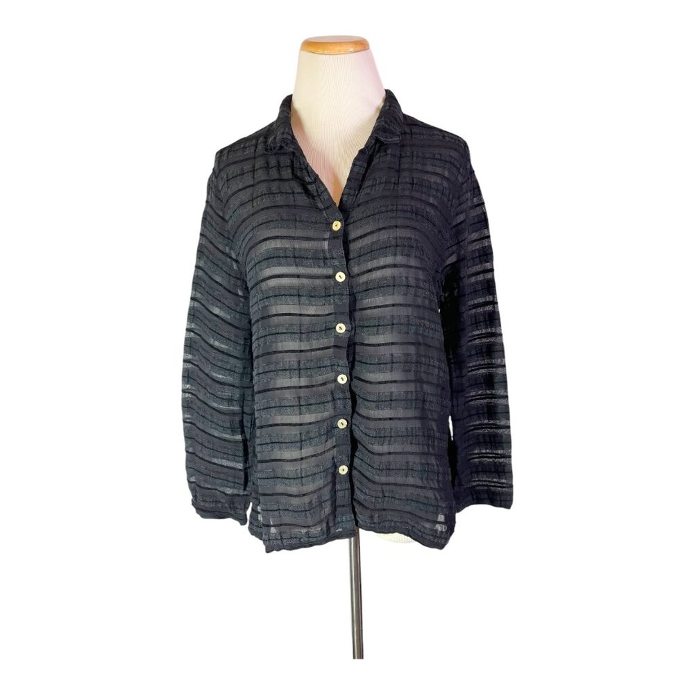 fresh produce Black Sheer Striped Button-Down Shirt